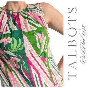 3/$20 Talbots Preppy Button Back Tank Top Pink Green Cotton Shirred Neck Lined